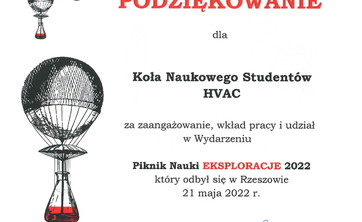 Podziękowanie dla koła naukowego HVAC